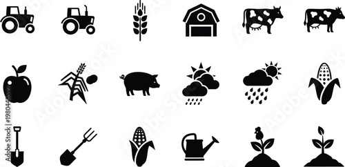 Collection of black and white vector icons representing agriculture farming rural life crops livestock tools weather food