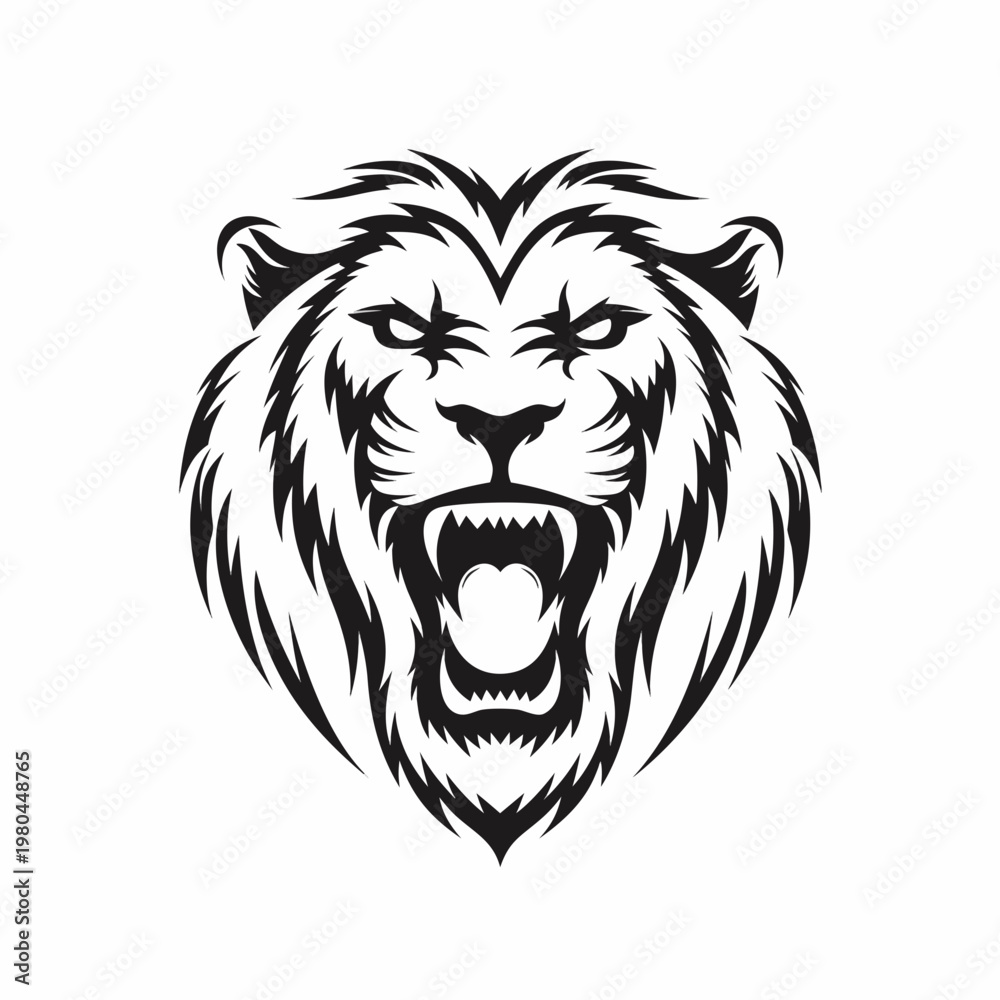 Fototapeta premium Roaring lion head mascot vector, aggressive lion face logo with sharp teeth, black and white feline predator illustration for sports branding