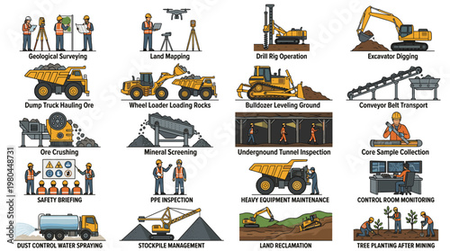 Construction and mining workflow set with heavy equipment, workers and labeled stages, flat vector illustration of industrial transport, excavation and road building