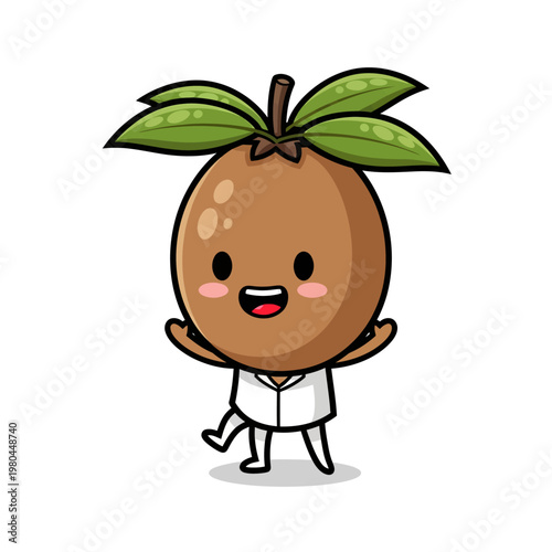 Cute chibi sapodilla fruit character mascot with a happy smiling face, wearing a white shirt, brown oval skin and green leaves on head, isolated on a plain white background, vector illustration style.