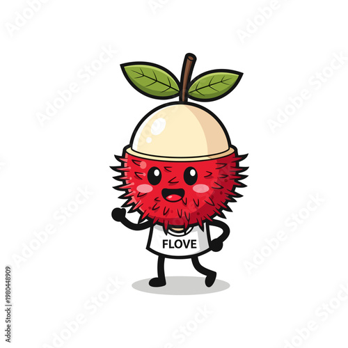 Cute chibi rambutan fruit character with red spiky skin and white pulp wearing a t-shirt labeled FLOVE, walking pose, isolated on white background, vector illustration.