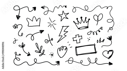Marker pen line brush hand drawn arrow stroke sketch element shape graphic vector. Marker line brush arrow, underline, highlight scribble set.  Doodle underline circle frame icons. Vector illustration