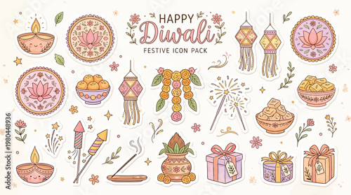 A vibrant collection of Diwali festive icons, featuring diyas, lanterns, fireworks, sweets, and floral decorations, celebrating the Indian festival of lights.