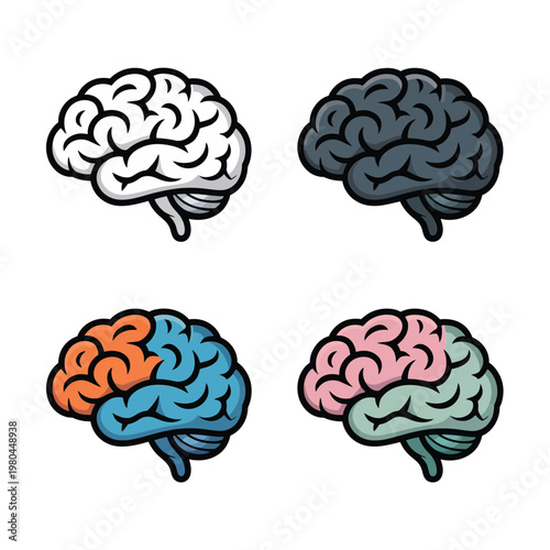 Colorful brain icon set for neurology education, mental health awareness, cognition memory learning graphics, psychology poster, therapy resources designs