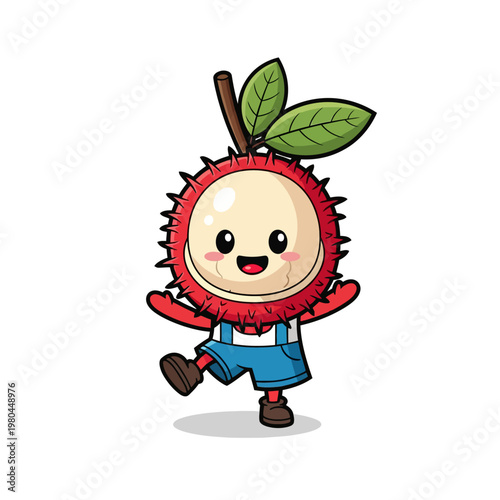 Cute chibi rambutan fruit mascot character featuring red spiky exterior, white inner flesh face, green leaves, wearing blue overalls and brown shoes on white background.