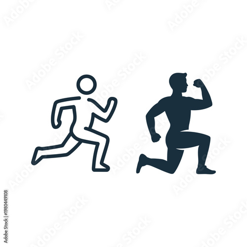 Running athlete icons set, fitness training silhouettes, marathon event banner, sports day poster, gym class session, healthy lifestyle campaign vector