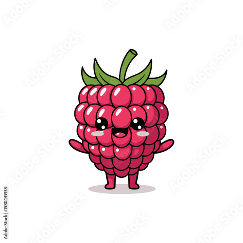 Vector illustration of a raspberry fruit character in a chibi style with a smiling face, large black eyes, and a green stem, isolated on a white background for graphic design.
