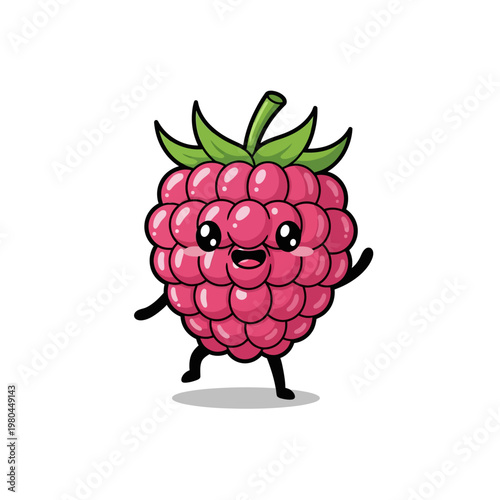 Kawaii chibi raspberry character mascot with a smiling face, large expressive eyes, and green leaves, waving happily. Vector illustration on a plain white background.