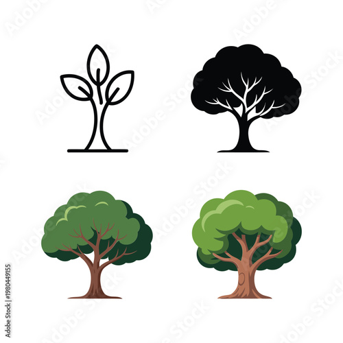 Sprout and mature tree icons set, growth stages graphics, gardening workshop banner, school ecology lesson, nature conservation campaign vector