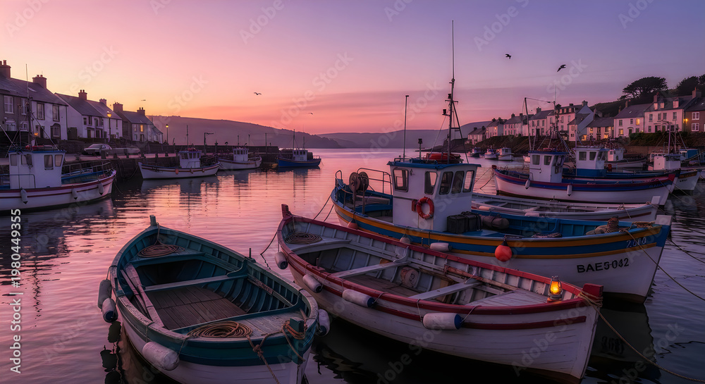 Fototapeta premium Fishing boats moored in a calm harbor at sunset with a purple sky