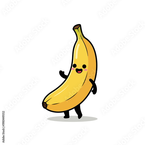Vector illustration of a cute banana character with a smiling face, rosy cheeks, and small limbs waving on a solid white background, designed in a simple chibi mascot style.