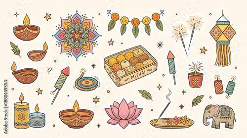A vibrant collection of traditional Diwali festival elements including diyas, sweets, lanterns, firecrackers, and decorative motifs.