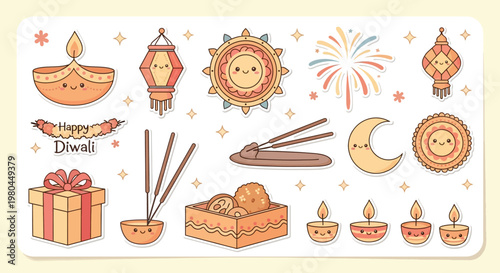 Cute cartoon Diwali festival elements set with traditional lamps, sweets, fireworks, and decorative items on a light background.