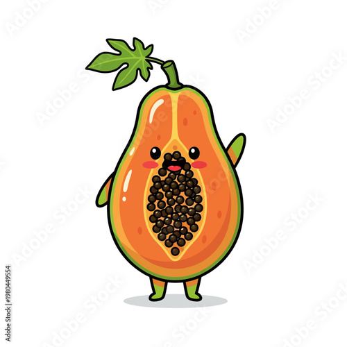 Kawaii cartoon papaya character mascot illustration featuring a halved fruit showing orange pulp and black seeds, with a smiling face, rosy cheeks, and green leaf, isolated on white background.