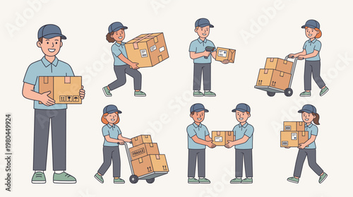 Delivery man actions set showing carrying boxes loading and handing parcels, courier workflow in flat vector illustration isolated on background