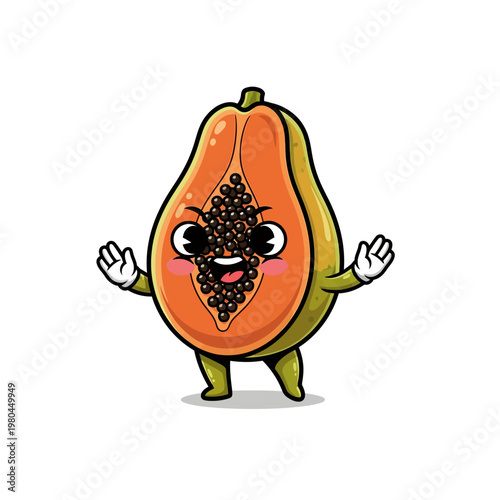 Chibi style cute papaya fruit character mascot with a sliced open body showing orange pulp and black seeds, angry facial expression and gesturing hands on white background.