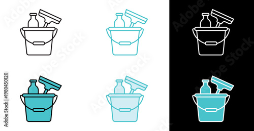 Cleaning supplies in bucket icon for home chores and spring cleaning in line and fill style