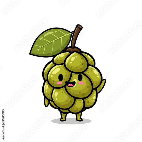 Cute custard apple character illustration featuring a smiling chibi sugar apple mascot with a green leaf, tropical fruit cartoon icon isolated on a clean white background.