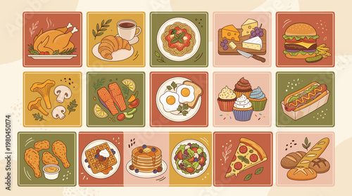 Food icons collection with various meals including pizza sushi breakfast and desserts, colorful flat vector set for menu and restaurant design