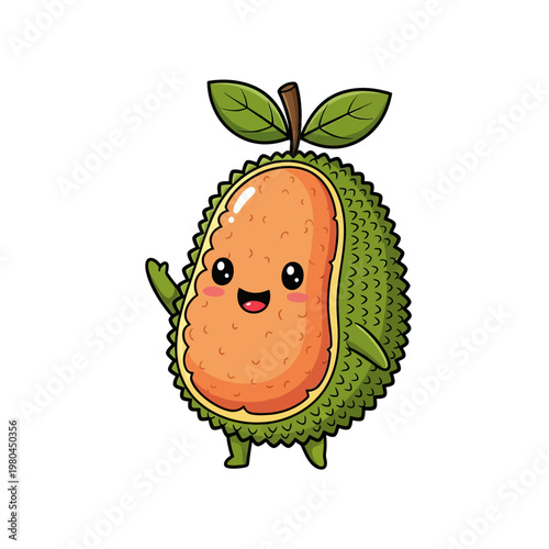 Cute chibi jackfruit mascot character sliced open to reveal bright orange interior flesh and seeds smiling and waving with small green arms and legs isolated on white background vector illustration