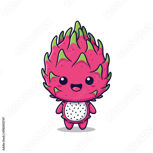 Kawaii dragon fruit chibi character illustration, featuring a pink pitaya mascot with green tipped scales and white seeded belly, smiling face, isolated on white background.