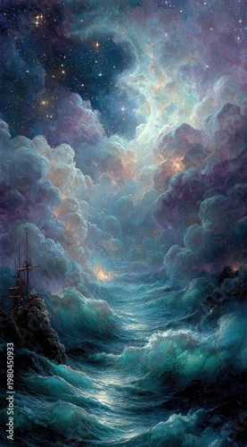 Starry sky, stormy sea. A vessel rides through the rough waters