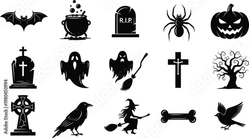 Black and white Halloween vector icon set featuring bat pumpkin ghost witch cauldron grave and spooky elements for holiday graphic design