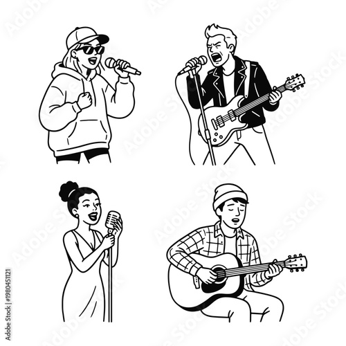 Collection of four unique musicians drawn in a black and white line art style, perfect for music-related projects, posters, websites, or educational materials. Represents various music genres and inst