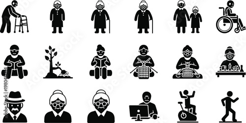 Set of black and white vector icons representing senior citizens elderly lifestyle activities care health leisure technology