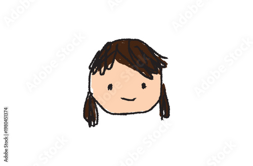 Cute hand-drawn colored girl face illustration, brown hair skin tone crayon style