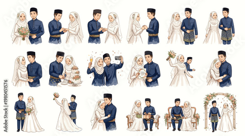 Muslim bride and groom characters set with wedding poses hugs gifts and ceremony scenes in elegant cartoon style isolated on white background
