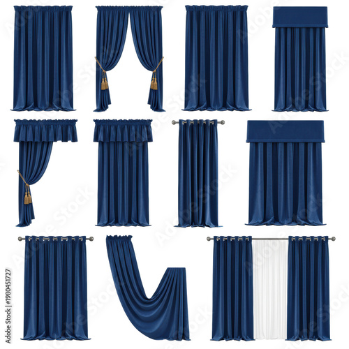 Eight styles of royal blue velvet curtains organized in a grid with gold tie-backs and pleated designs against a transparent background, interior design showcase