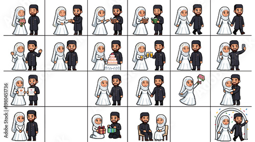 Muslim wedding couple characters set showing bride and groom in traditional attire with romantic poses and ceremony moments in cute cartoon style isolated on white background