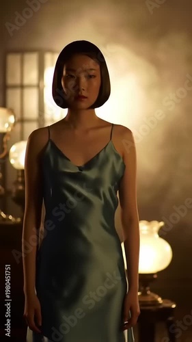 Young Asian woman in a vintage slip dress standing in a dimly lit room.