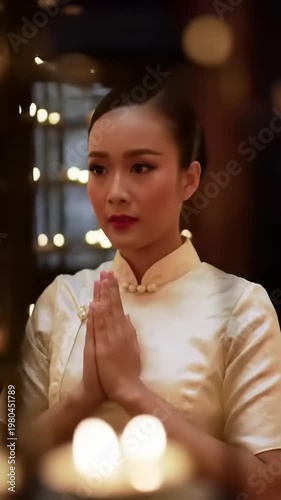Young Asian woman in traditional dress with hands pressed together in greeting.
