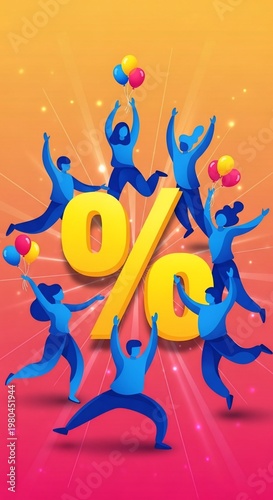 Digital art: Vibrant celebration of savings, joy, and percentage gains.