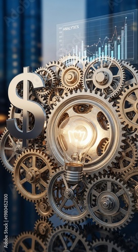 Gears of Innovation: Bright Idea Sparks Financial Growth with Moody Cityscape Backdrop