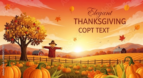 Golden Harvest Sunset: Whimsical Scarecrow Watches Over Autumn's Bounty