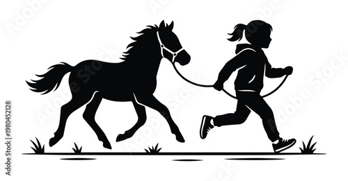 Small Horse with child girl Shape Icon Silhouette Vector black design on a white background