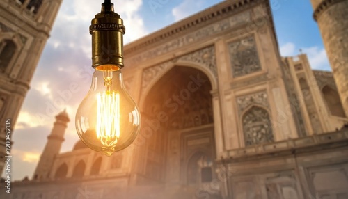 Edison Bulb Illuminating History: Creative Idea Shines Against Majestic Ancient Architecture