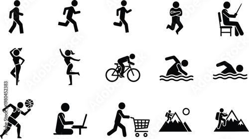 Collection of black and white vector icons representing various human activities lifestyle sports leisure work shopping