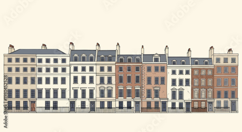 Architectural illustration of a row of historic townhouses with varied facades.