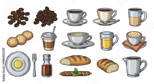 Assortment of breakfast items and beverages in a hand-drawn, colorful illustration style.