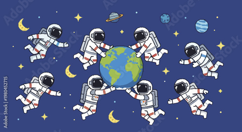 Astronauts holding planet Earth in outer space surrounded by stars and moons.