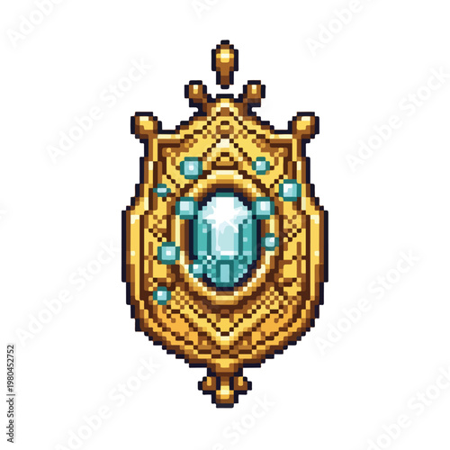 A golden pixel art locket featuring a large glowing blue gemstone in the center, surrounded by smaller floating gems and intricate patterns.