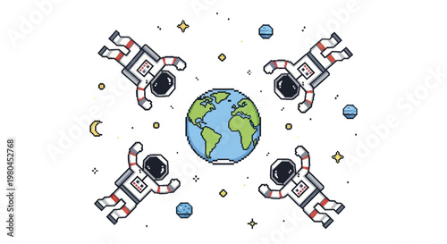 Astronauts orbiting Earth in space adventure illustration.