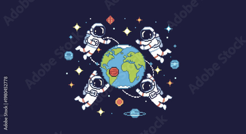 Astronauts orbiting Earth in a cosmic dance.