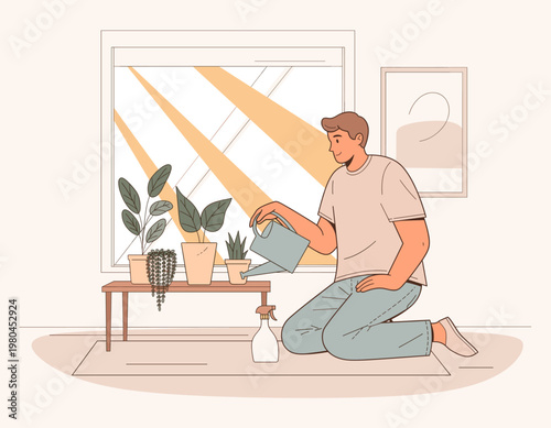 Man watering plants on a table in a room with a window