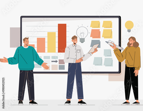 Three people discuss ideas in front of a large presentation board with graphs