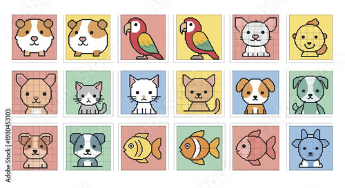 Collection of Adorable Cartoon Pet Animals in Square Frames.